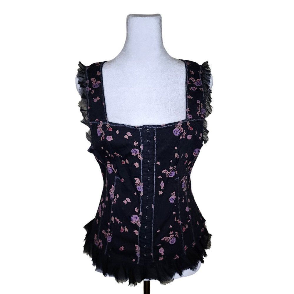 Vintage Y2K Corset Vest Womens Size 10 Black Floral Ruffles Boning